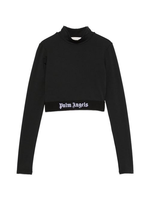 Top cropped Palm Angels da donna nero a maniche lunghe con logo bianco PALM ANGELS | PAWVO005FB0011010